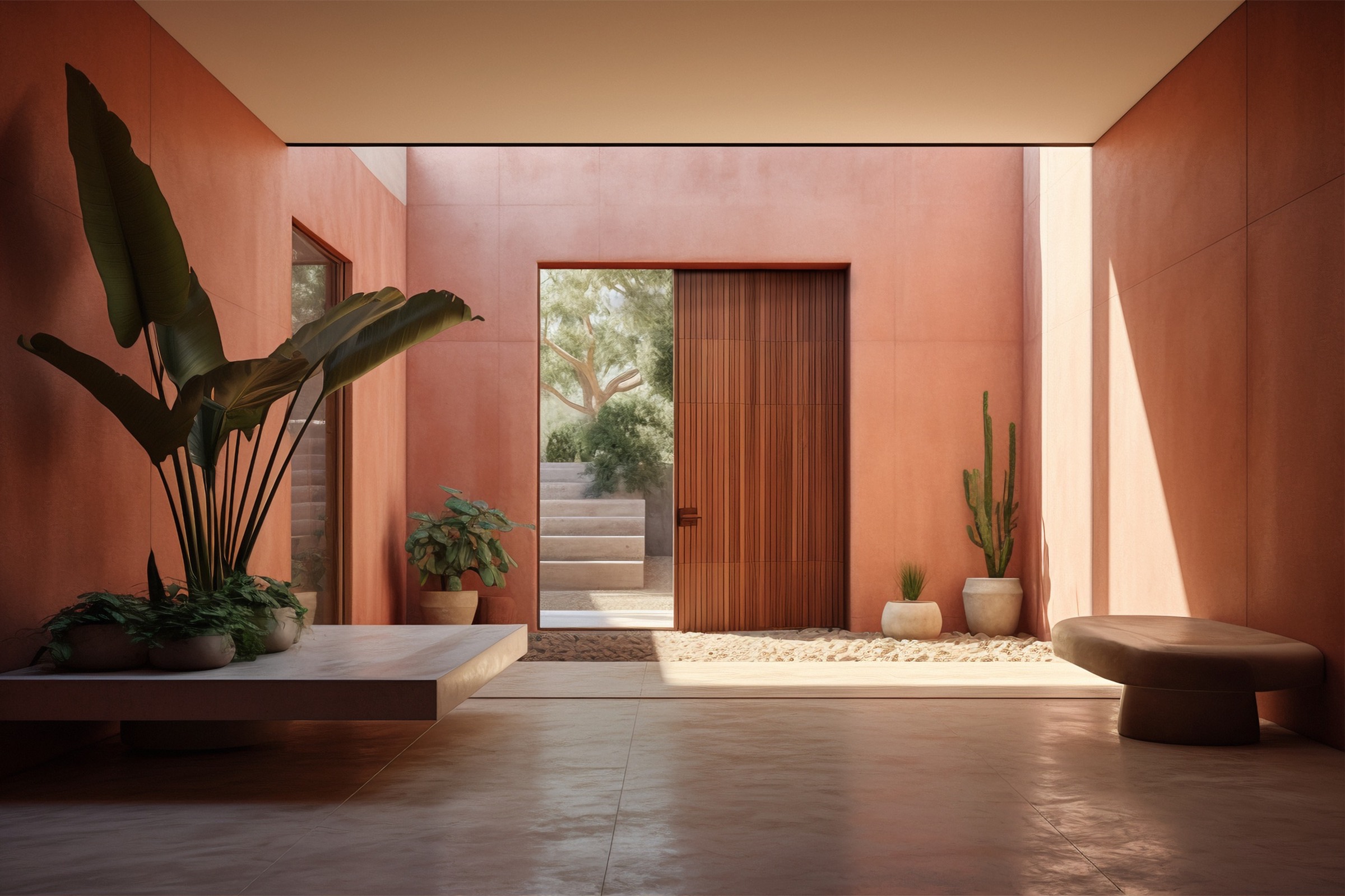 A calm bedroom opening onto a courtyard pool